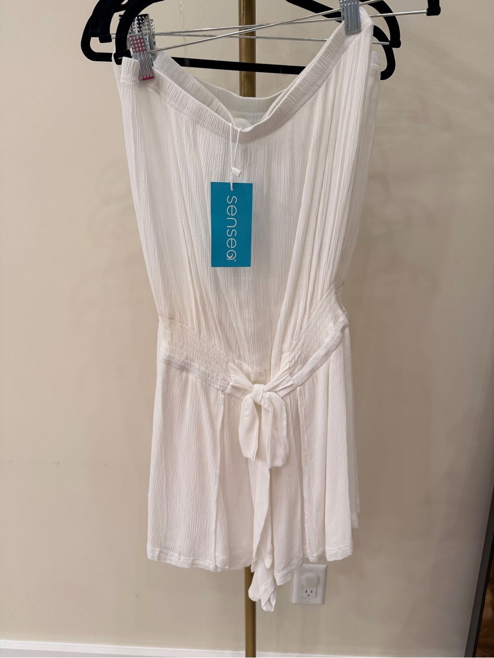 Strapless White Gauze Tie-Waist Romper coverup - Picture 2 of 2